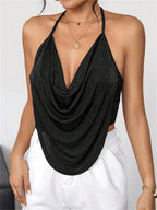 Top corto drapeado con espalda descubierta para mujer, Top Sexy con cuello Halter, camisola negra sin mangas y espalda descubierta, ropa de calle para fiesta y discoteca 2024