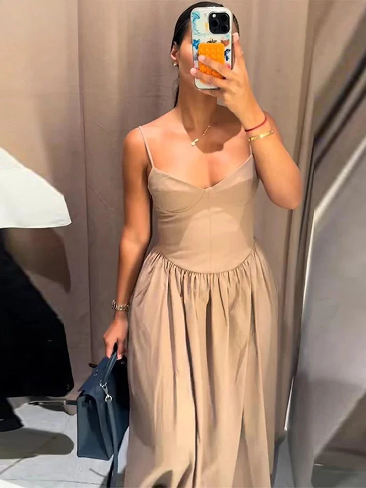 Vestido Largo Sexy con Tirantes, Cuello en V y Espalda Descubierta