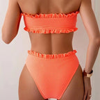 Bikini Bandeau con Volantes de Color Sólido - Conjunto de Dos Piezas