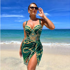 Traje de Baño Push Up con Falda - Estampado de Cadena para Playa y Piscina