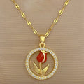 Collar Acero Inoxidable Vintage Flor Rosa Roja Circones Brillantes | Regalo Accesorio Elegante