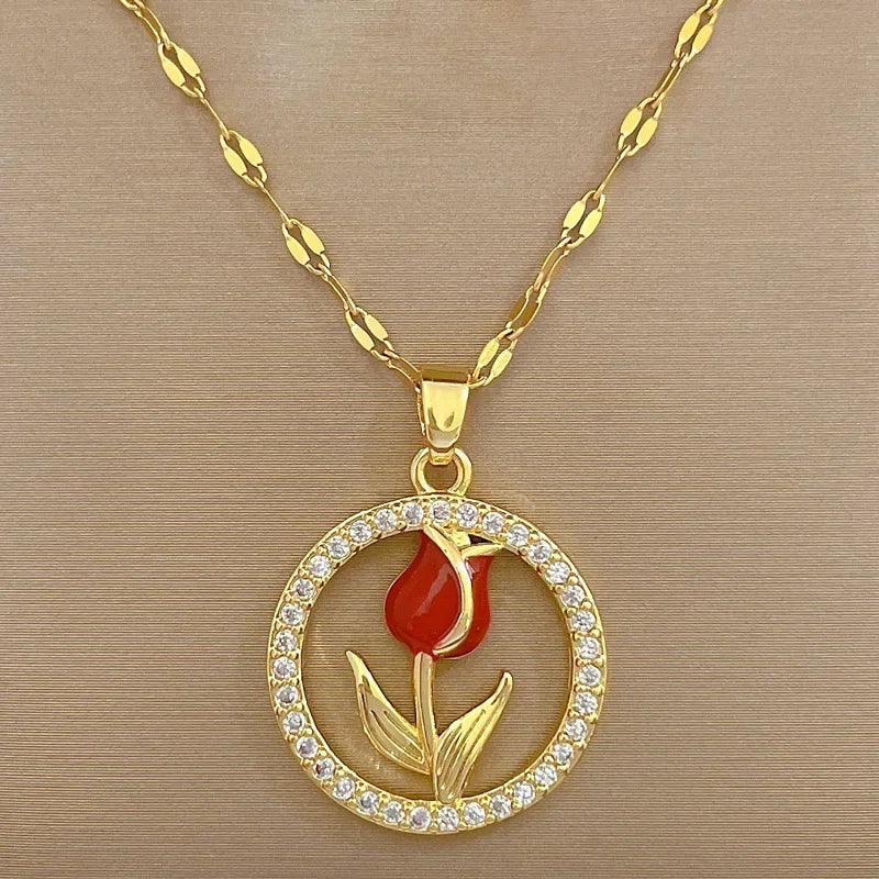 Collar Acero Inoxidable Vintage Flor Rosa Roja Circones Brillantes | Regalo Accesorio Elegante