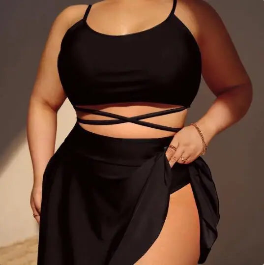 Bikini de 3 Piezas Talla Grande | Falda Cintura Alta | Color Sólido