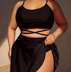 Bikini de 3 Piezas Talla Grande | Falda Cintura Alta | Color Sólido