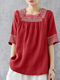 Blusa Vintage Bordada Algodón Cuello Cuadrado Manga Media Mujer