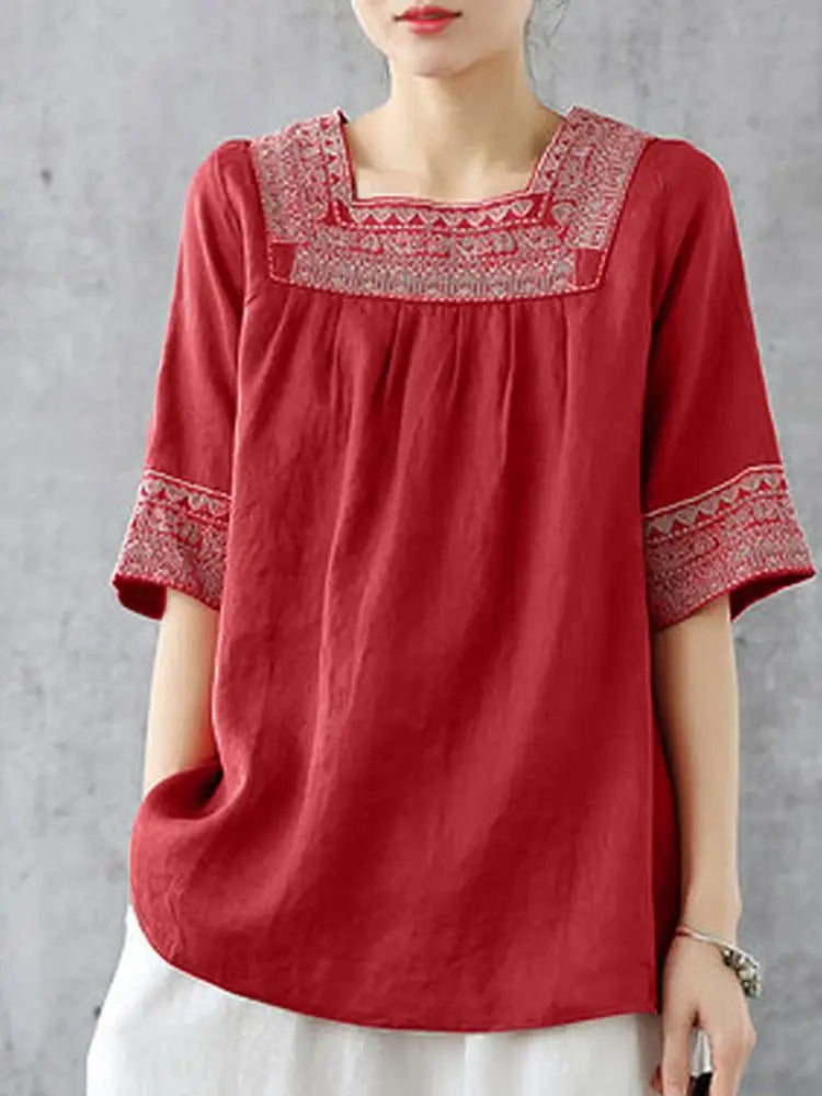 Blusa Vintage Bordada Algodón Cuello Cuadrado Manga Media Mujer