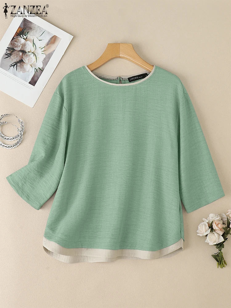 Elegante Blusa de Verano Manga Tres Cuartos con Retazos y Cuello Redondo