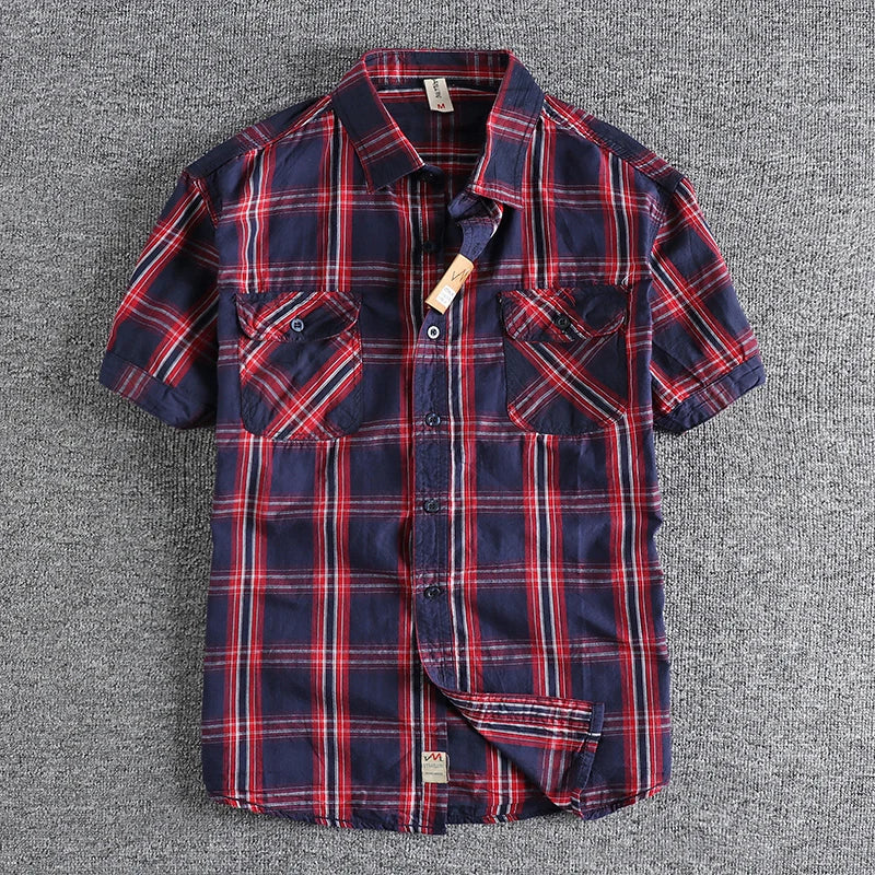 Camiseta Cuadros Vintage Hombre | Algodón Lavado | Dos Bolsillos | Estilo Costa Oeste | Ticotrendy