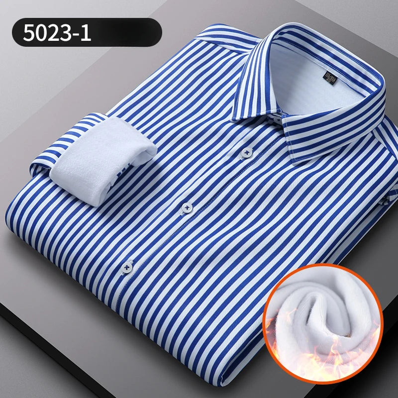 Camisa Rayas Terciopelo Hombre | Engrosada Cálida | Negocios Casual | Invierno S-4XL