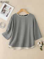 Elegante Blusa de Verano Manga Tres Cuartos con Retazos y Cuello Redondo