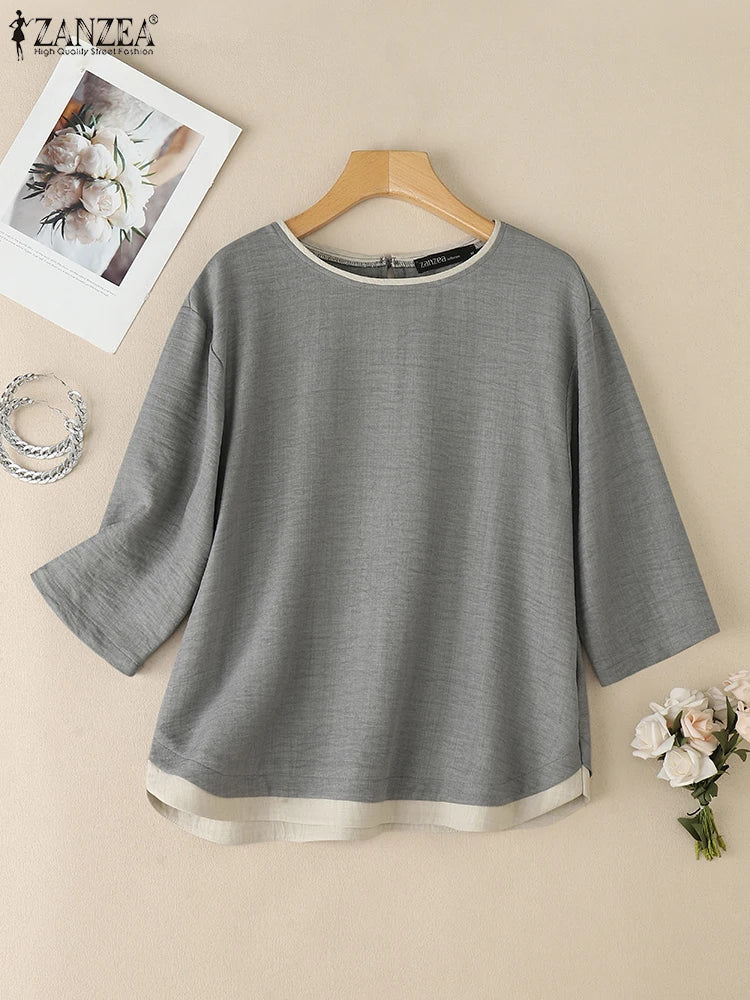 Elegante Blusa de Verano Manga Tres Cuartos con Retazos y Cuello Redondo
