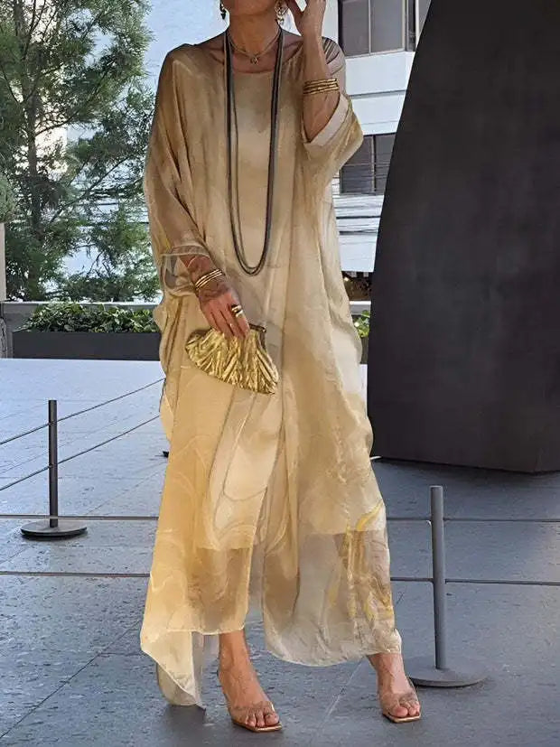 Vestido Largo de Chifón Bohemio Manga Corta