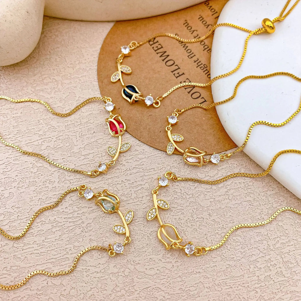 Pulseras con dijes de flor de tulipán y piedra lunar de circón colorido dulce para mujer y niña, joyería de cadena de caja de acero inoxidable ajustable elegante