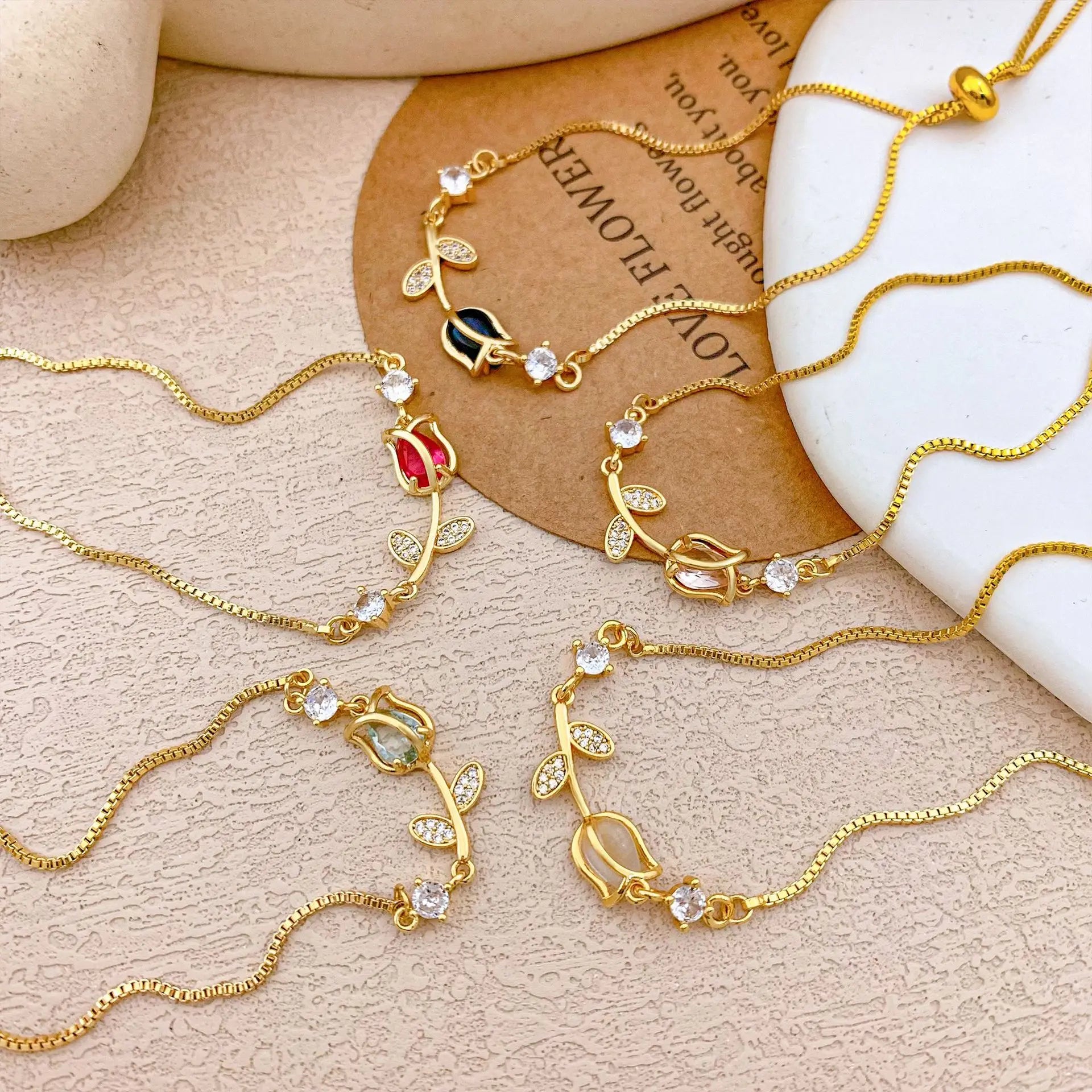 Pulseras con dijes de flor de tulipán y piedra lunar de circón colorido dulce para mujer y niña, joyería de cadena de caja de acero inoxidable ajustable elegante