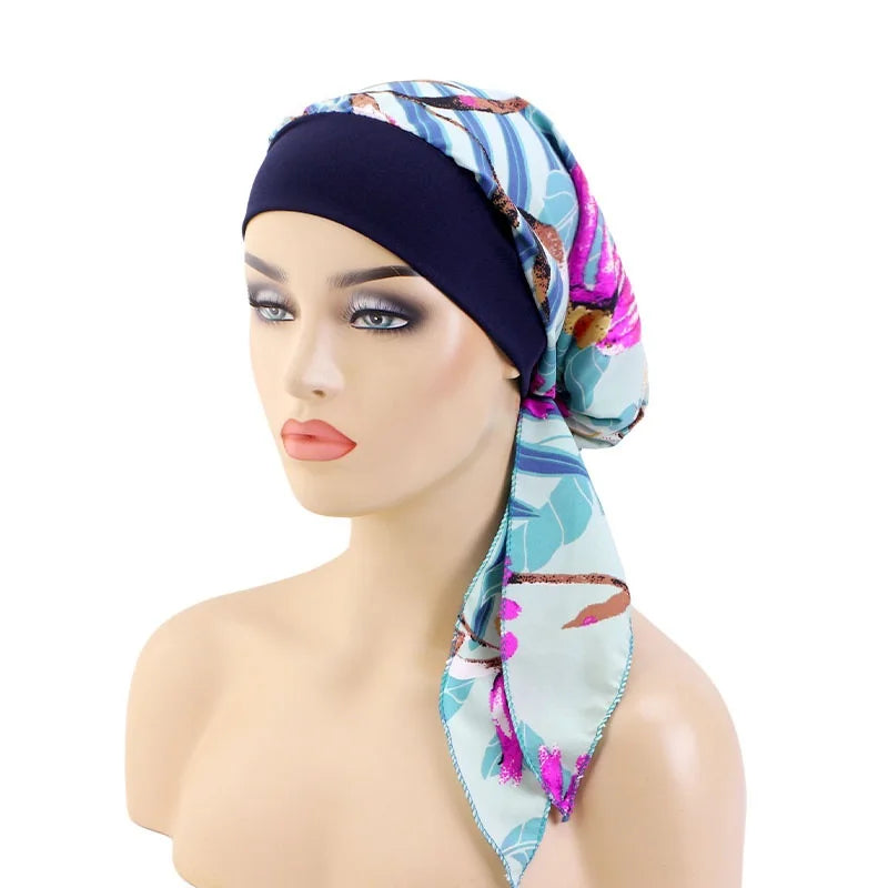Nuevo pañuelo para la cabeza con estampado satinado para mujer, turbante musulmán elástico preatado, gorro para dormir para quimioterapia, cubierta para la pérdida de cabello, pañuelo para la cabeza