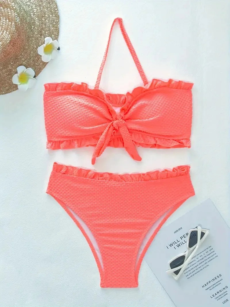 Bikini Bandeau con Volantes de Color Sólido - Conjunto de Dos Piezas