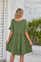 Vestido Midi de Playa | Algodón Liso Cuello V | Mangas Cortas con Volantes | Tico Trendy