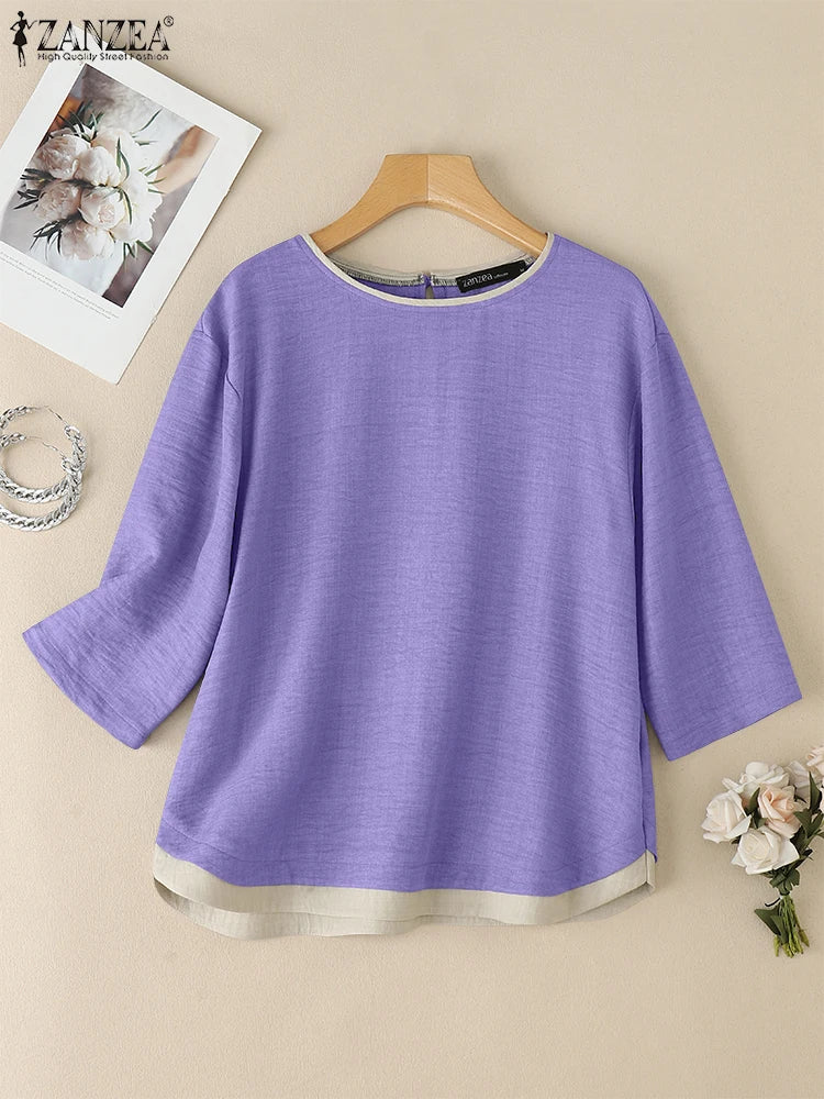 Elegante Blusa de Verano Manga Tres Cuartos con Retazos y Cuello Redondo