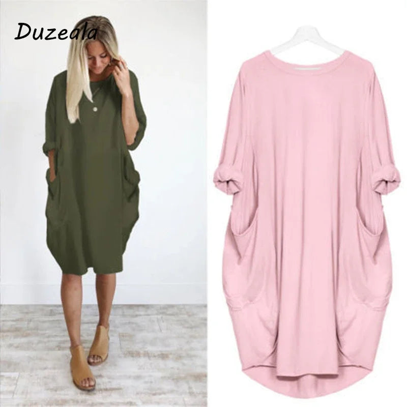 Personalizable gran oferta Otoño Invierno mujer moda bolsillo vestido suelto señoras sólido cuello redondo Casual Tops largos vestido