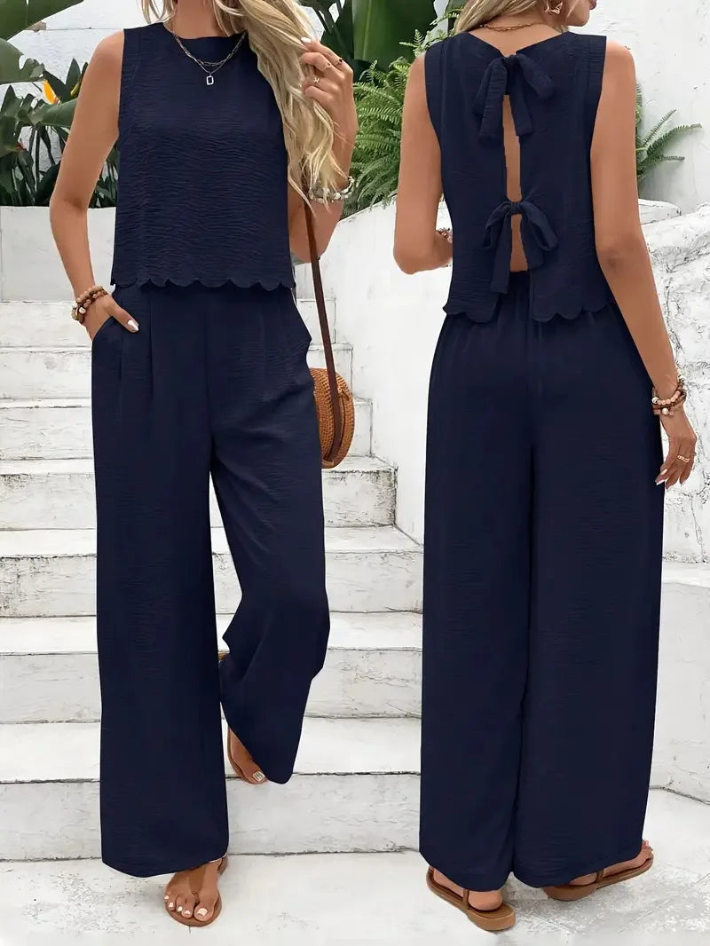 Conjunto QX 2025 | Sin Mangas y Pantalón con Lazo | Top sin Mangas y Pantalón con Detalle de Lazo