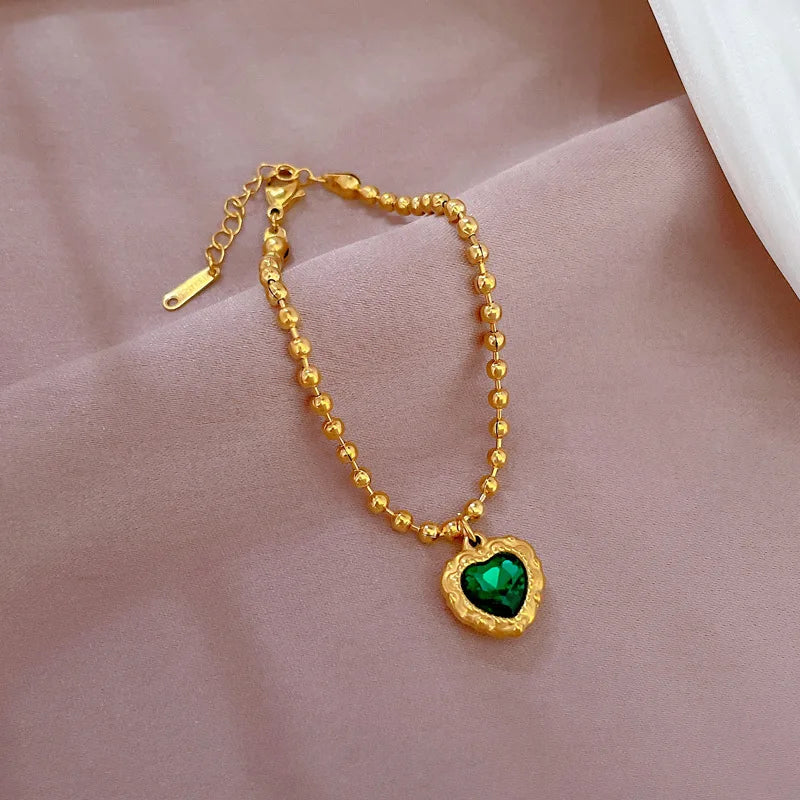 Pulseras con dijes de corazón de amor de cristal verde Vintage de acero inoxidable para mujer, accesorios de mano elegantes, regalos para amigos