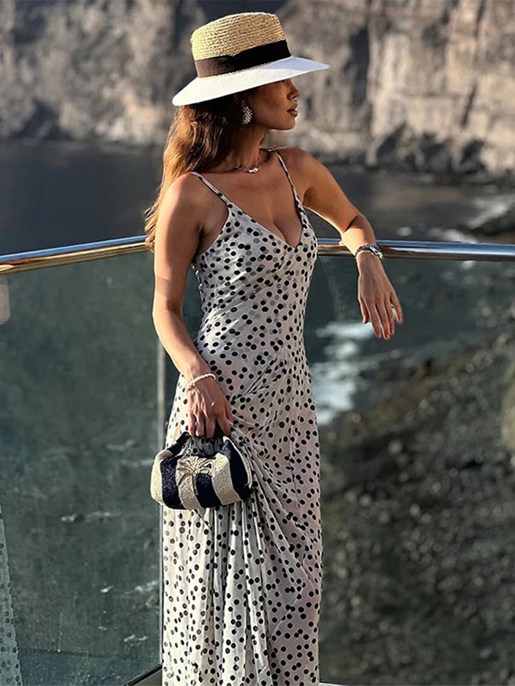 Vestido Largo Tirantes Lunares Cuello V | Espalda Descubierta Camisola Estilo Casual