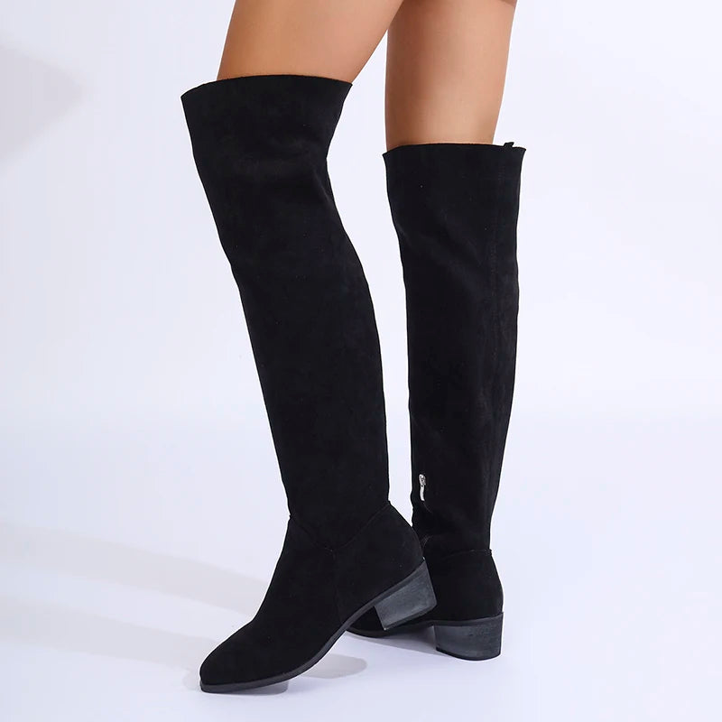 Botas Altas Sobre La Rodilla Tacón Grueso Moda Elegancia Tica