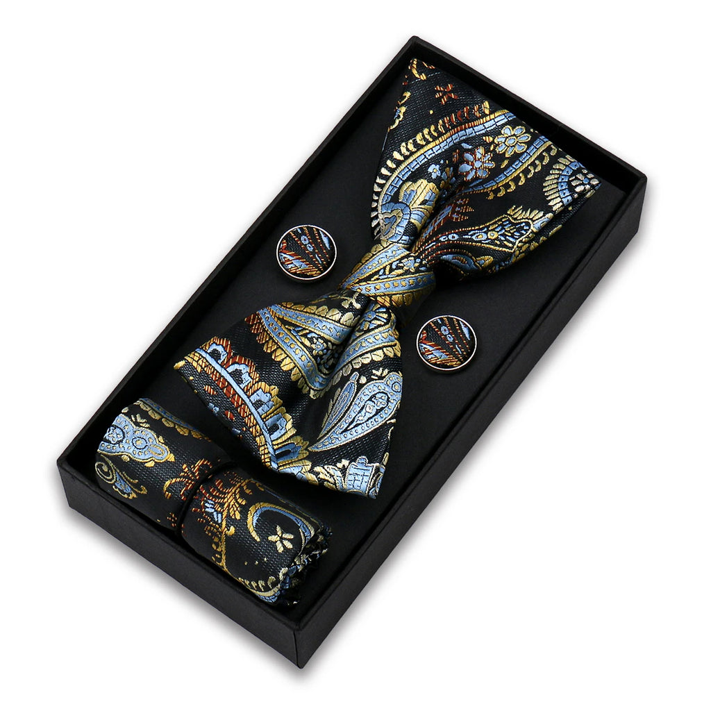 Set De Pajarita Pañuelo Gemelos Regalo Elegante Estilo Para Hombres