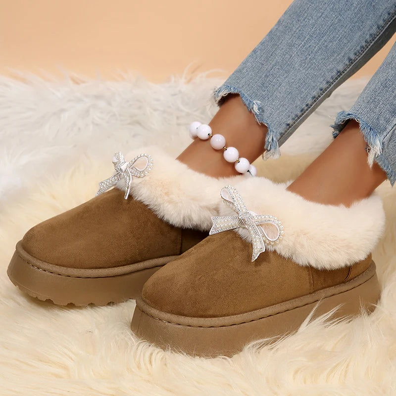 Botas De Nieve Piel Sintética Lazo De Cristal Moda Tica