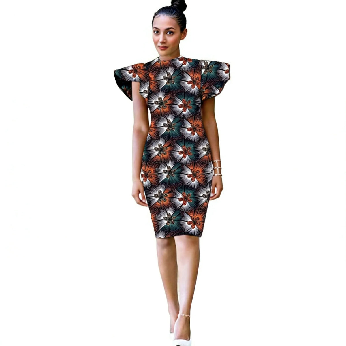 Vestido Ajustado Ankara con Mangas Hoja de Loto