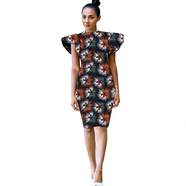 Vestido Ajustado Ankara con Mangas Hoja de Loto