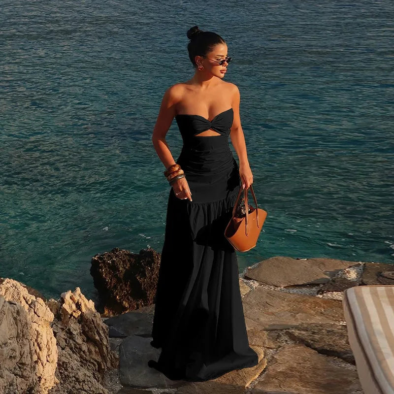 Vestido Plisado Sin Tirantes Hombros Descubiertos