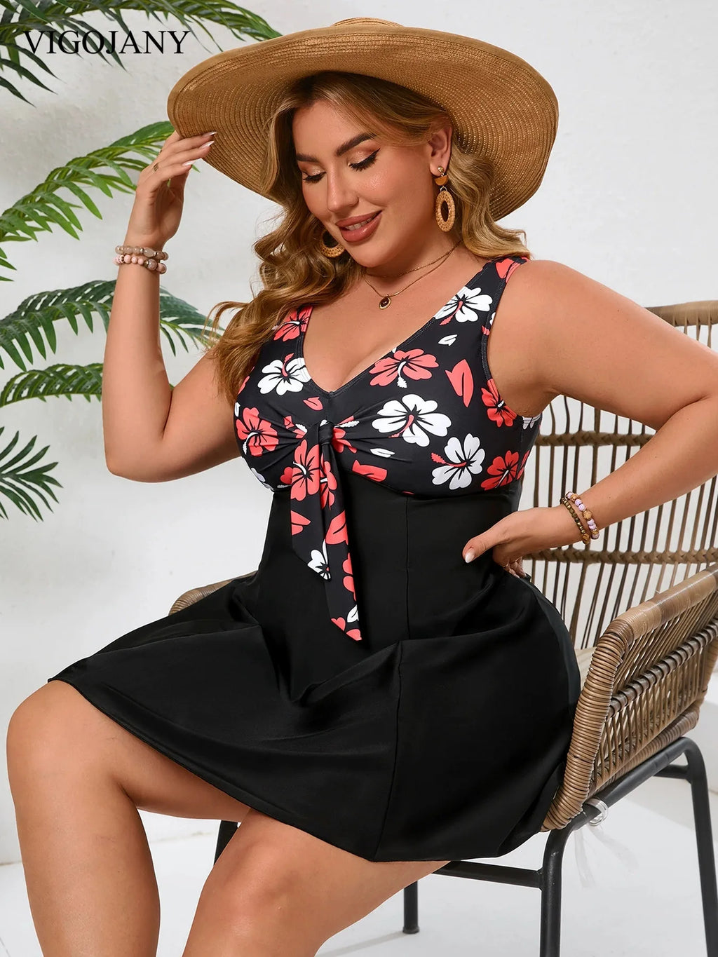 Tankini Estampado con Cuello en V y Lazos Talla Grande