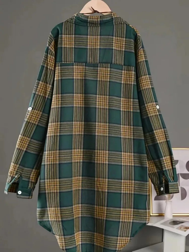 Camisa Algodón Lino Cuadros Plus Size | Holgada Manga Media Largo Midi | Tallas 1XL-5XL | Tico Trendy