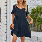 Vestido Midi de Playa | Algodón Liso Cuello V | Mangas Cortas con Volantes | Tico Trendy