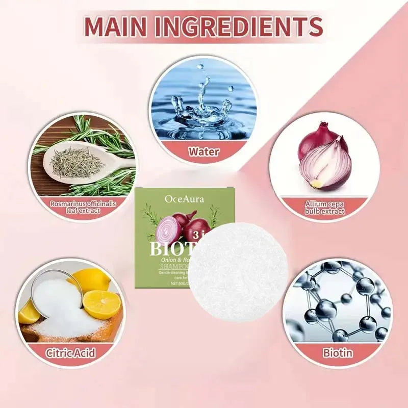 Jabón Champú de Cebolla y Biotina - 60g, Adecuado para Todo Tipo de Cabello, Hidratante y Suavizante, Rico en Extracto de Alecrim