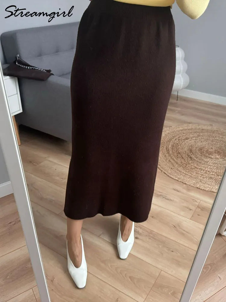 Falda Maxi Recta de Punto con Abertura Estilo Coreano Casual