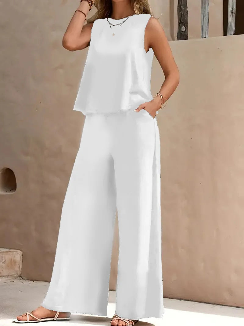 Ticotrendy: Conjunto Elegante de Pantalón y Top Sin Mangas | Color Sólido Verano 2025