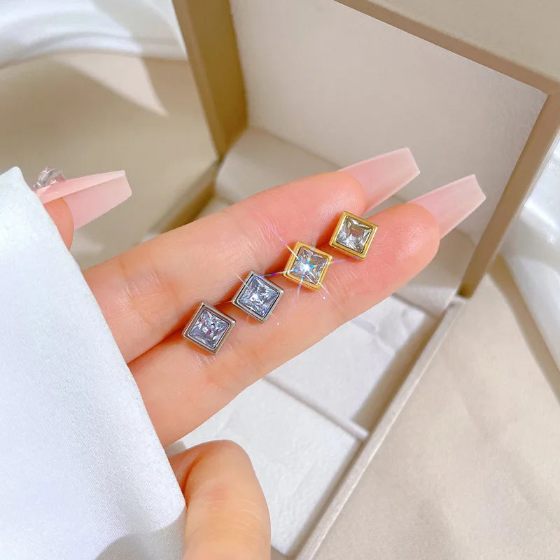 Pendientes de circonita cuadrados simples de acero inoxidable para mujeres y hombres, accesorios para las orejas geniales, accesorios de joyería, regalos
