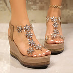 Sandalias de cuña con flores y diamantes de imitación para mujer, sandalias de plataforma gruesas con cristales de lujo, zapatos de fiesta de tacón súper alto de Pvc transparente, 2025