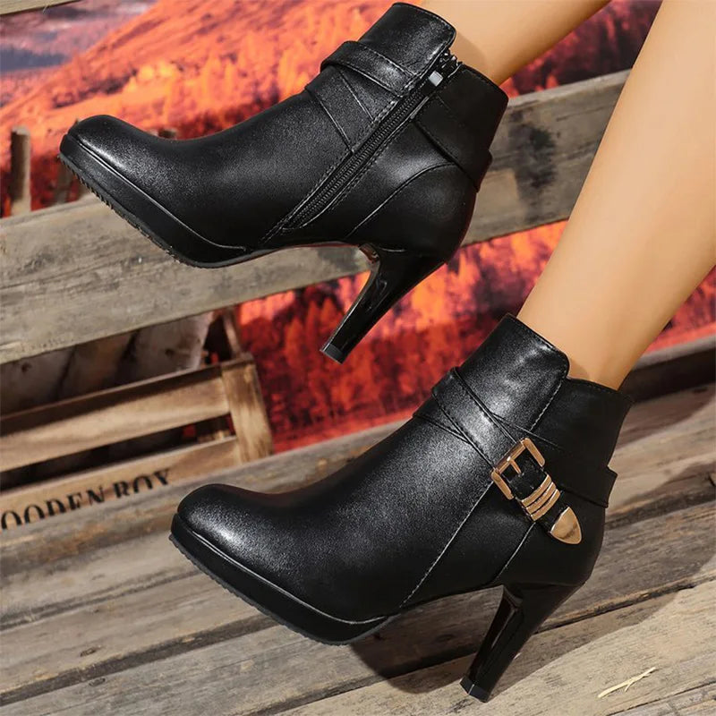Botines Elegantes para Mujer - Tacón Fino Hebilla Cremallera Punta Estrecha