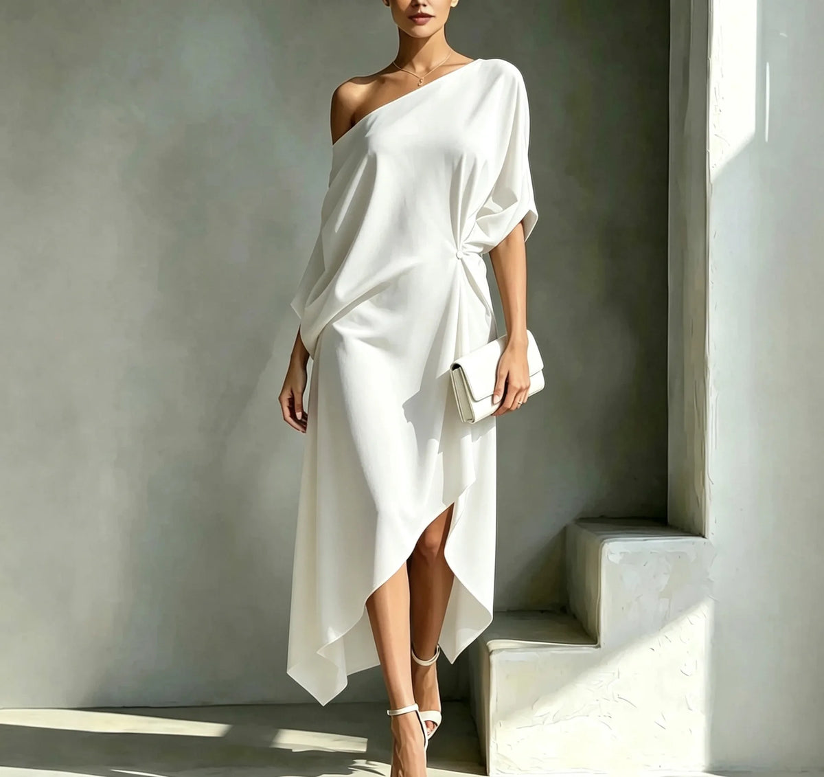Vestido Maxi Fruncido Asimétrico Hombros Descubiertos