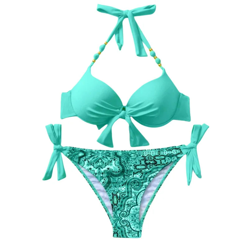 Bikini de Neón con Lazo Lateral y Estampado de Cachemira Push Up