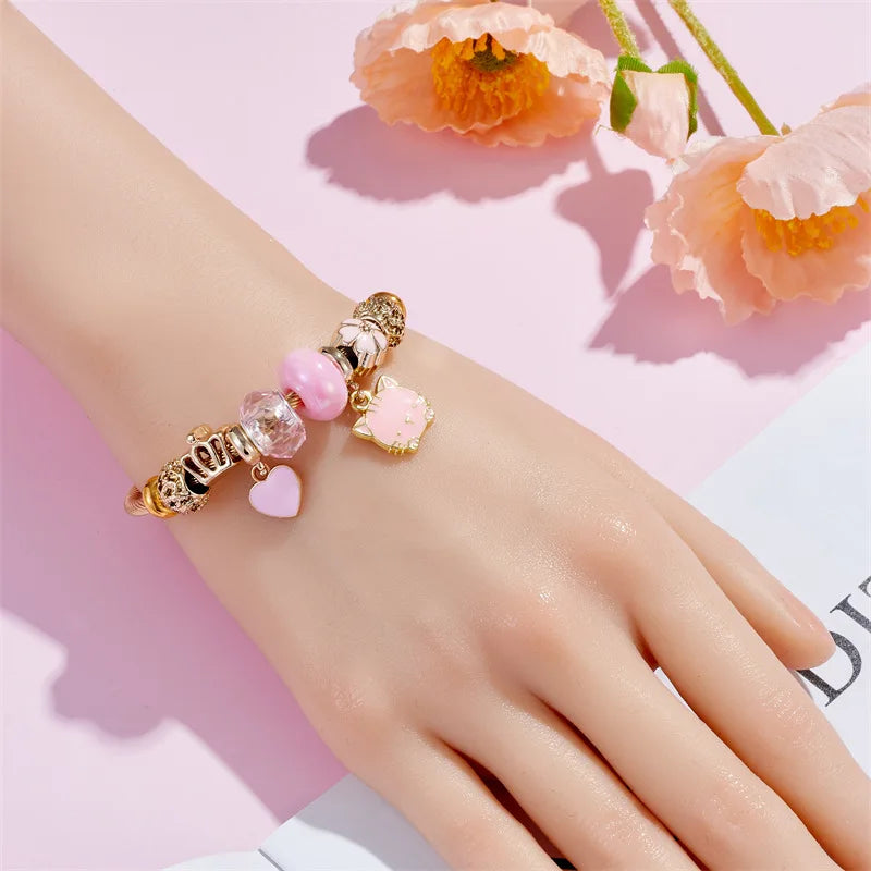 Pulseras con dijes de corona de flor de gato para mujeres y niñas, brazalete de acero inoxidable de Color dorado, accesorios dulces, joyería, regalo de Navidad