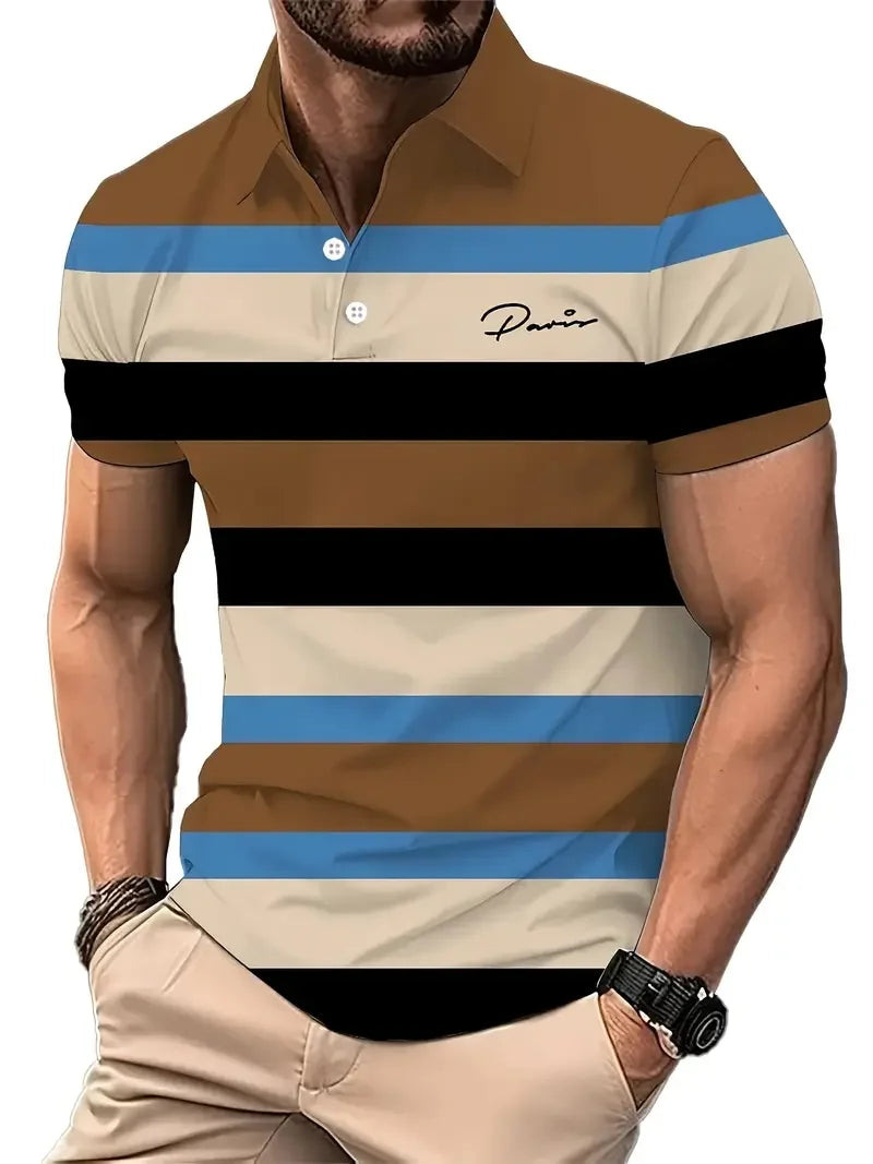 Polo Clásico Hombre Estampado Rayas | Golf Manga Corta Respirable Cintura Ancha