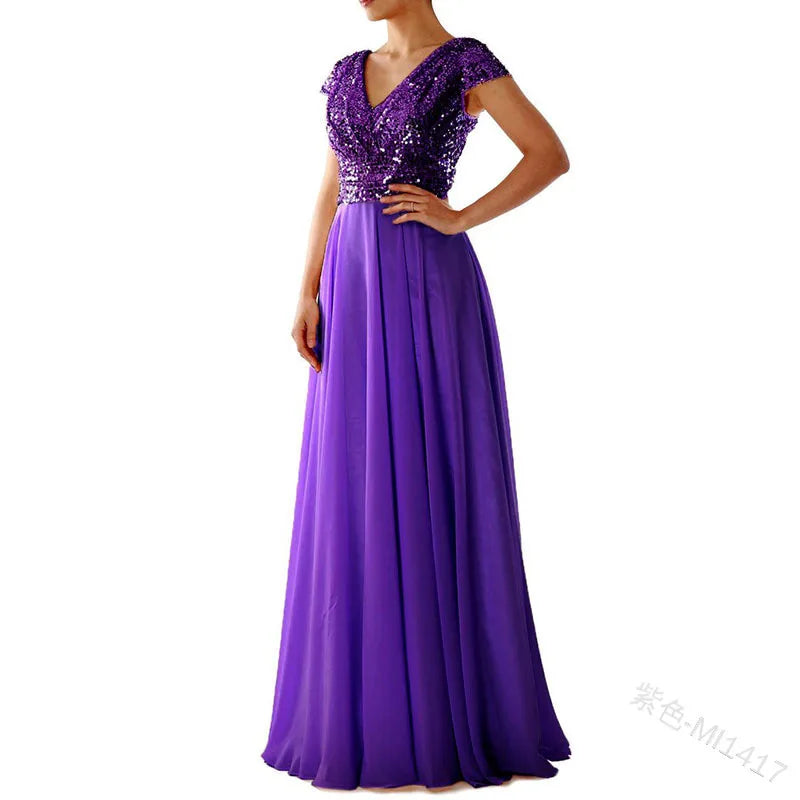 Vestido Cóctel Gasa Plisado Elegante Lentejuelas | Cuello V Formal Longitud Suelo