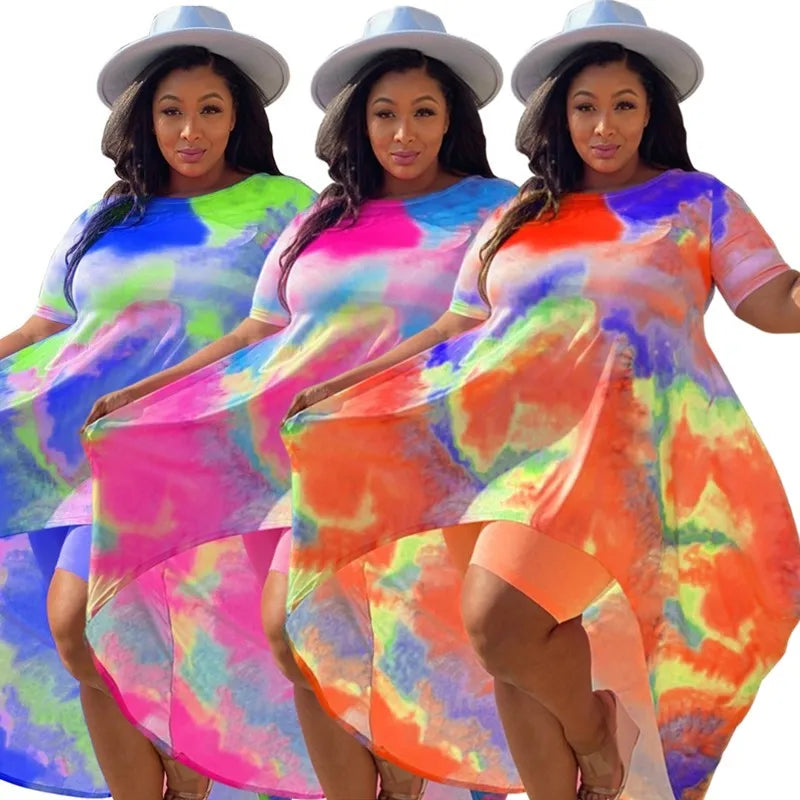 Conjuntos de pantalones cortos de talla grande para mujer, trajes de dos piezas de estilo Tie Dye, Top largo, Leggings cortos, trajes al por mayor, envío directo