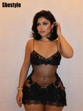 Minivestido Shestyle de Encaje Transparente | Bordado y Tirantes de Espagueti | Discoteca