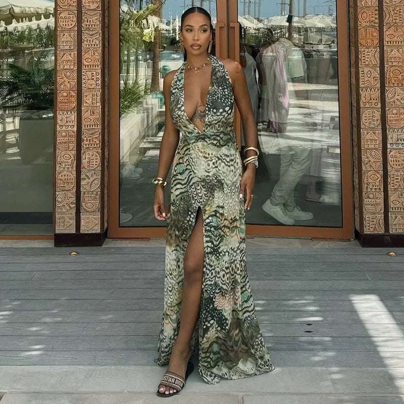 Vestido largo elegante con estampado abstracto para mujer, falda larga dividida con escote en V profundo y espalda descubierta, vestido informal de estilo francés a la moda de verano