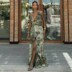 Vestido largo elegante con estampado abstracto para mujer, falda larga dividida con escote en V profundo y espalda descubierta, vestido informal de estilo francés a la moda de verano